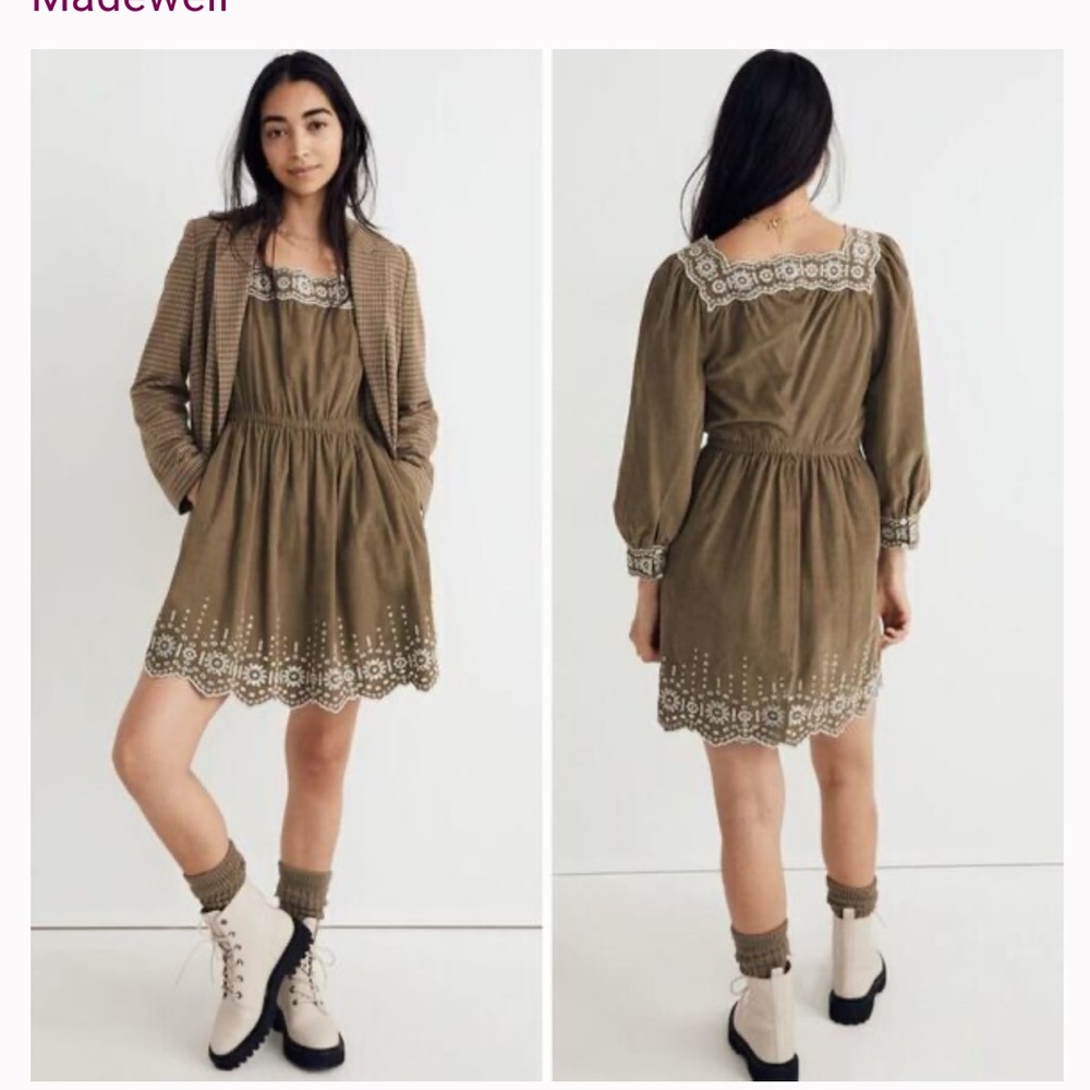 Madewell corduroy olive Green Embroidered mini Dress long sleeve size M